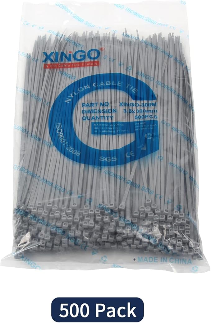 XINGO Nylon Cable Zip Ties Self Locking Plastic Wire Ties with 40 Lbs Tensile Strength for Indoor and Outdoor 12 Inch 500 Pack Silver Grey