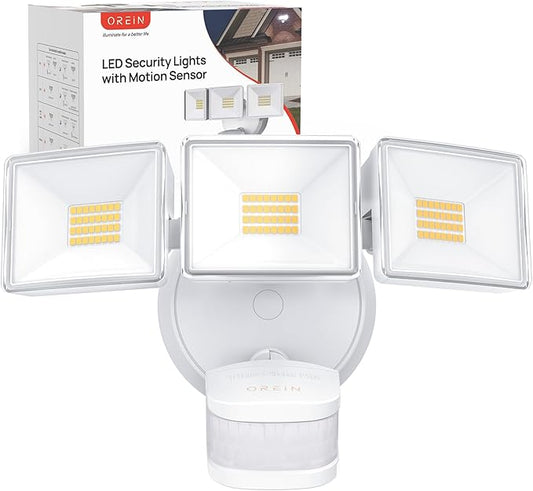 OREiN 10000LM Flood Lights Outdoor, 180°/75FT Motion Sensor Outdoor Lights 4 Modes Dimmable Dusk to Dawn Floodlights IP65 Waterproof for 8000SQ.FT Area for Big Patio, Driveway, White (Hardwired)
