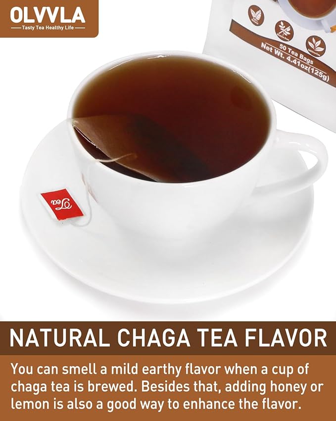 Olvvla - Chaga Tea Bags - 2.5g X 50 Count - 100% Wild Natural Chaga Mushroom Herbal Tea - Sourced from Siberia - Caffeine Free - Gluten-Free - Rich in Antioxidants