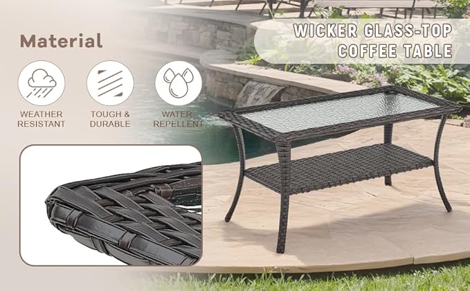 Swivel Patio Chairs sofa Set of 5 with 6" Thick Cushion - Wicker Outdoor Swivel Rocker Patio Chair ,Sofa/Glass coffee table, High Back Comfortable Outdoor Glider Chairs - Brown Wicker | Blue Cushions