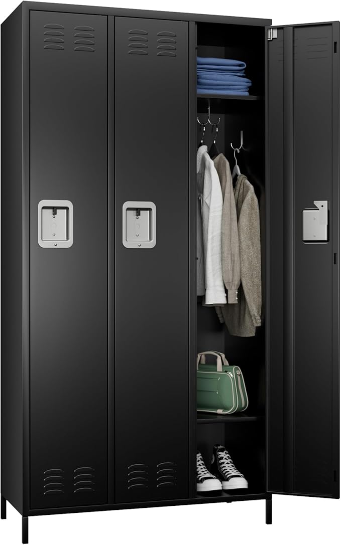 METAN Metal Locker for School Office Gym Bedroom,3 Doors Steel Storage Locker Cabinet for Employees,Industrial Storage Locker with 2 Shelves,Assembly Required (3 Door-Black)