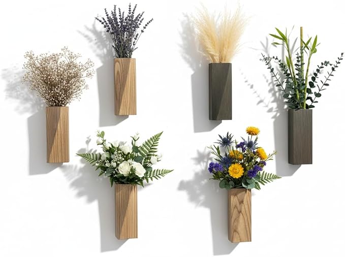 2 Pieces Wooden Wall Hanging Plant Pots Vase Contains Artificial Green Plants for Indoor Fake Plants Greenery Flowers, Modern Planters for Bathroom, Living Room, Kitchen Decor, (Wood Color)