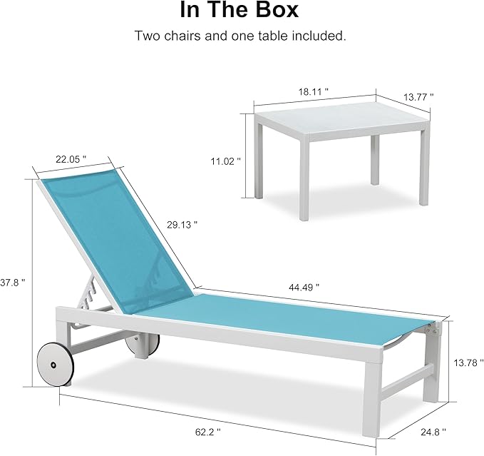 PURPLE LEAF Outdoor Chaise Lounge Set of 4 White Aluminum Lounge Chair Outdoor with Wheels Five-Position Adjustable Patio Lounge Chair for Pool Deck Yard, Turquoise
