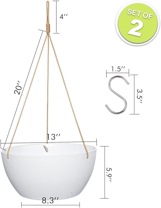 13 Inch 2 Pack Large Hanging Planters for Indoor Outdoor Plants, Plastic Hanging Basket Pots for House Plants Flowers, White