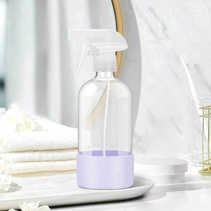 Glass Spray Bottles with Silicone Sleeve Protection, Empty 16 oz Refillable Containers, Reusable Spray Bottles with Adjustable Nozzle for Hair, Cleaning Solutions, 3 Pack Purple