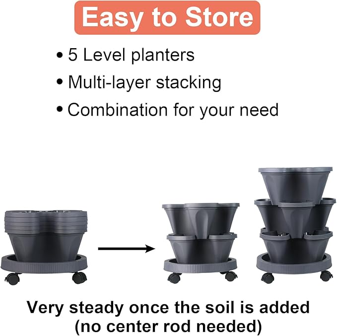 Vertical Planter 5 Tier Stackable Planters Garden Planters Strawberry Herb Flower and Vegetable Planter Indoor Outdoor Gardening Pots with Removable Wheels and Tools