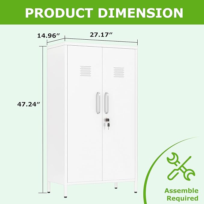 47" Metal Storage Locker, Lockable Employees Metal Locker with 2 Door and Adjustable Shelves, Steel Locker for Home, School, Office, Gym (White)
