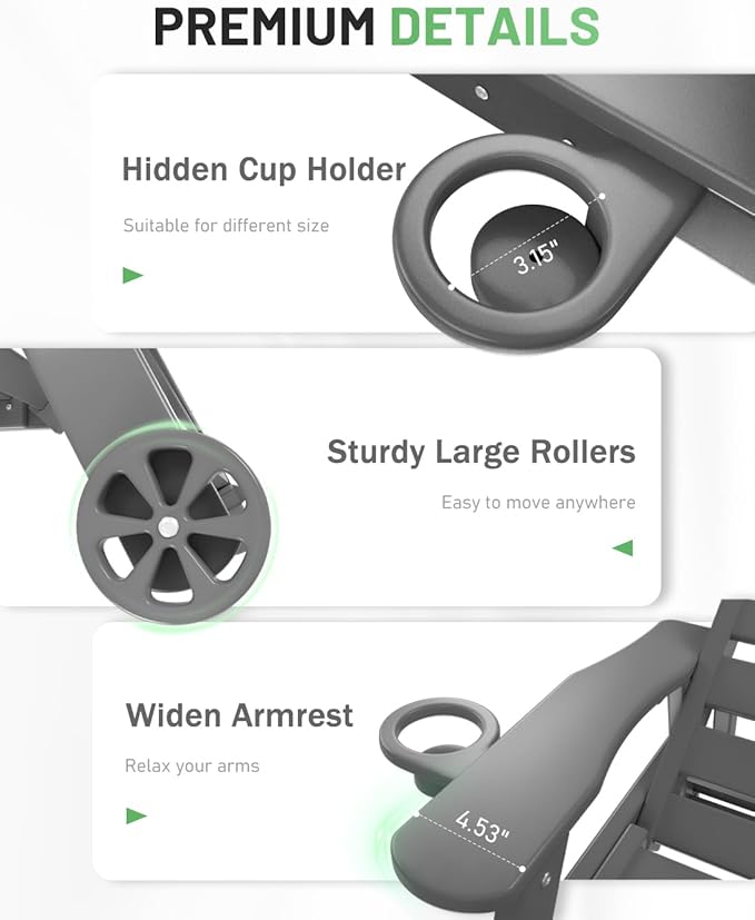 Lounge Chair Outdoor, Chaise Lounge Chair Outdoor, HDPE 6-Position Lounge Chair for Outside, Patio Lounge Chair with Wheels & Cup Holder for Pool Poolside Deck Backyard, Grey