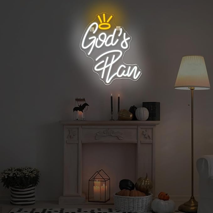 WLHOPE God's Plan Neon Sign White Led Neon Signs for Wall Decor, God Neon Signs USB Powered Letter Neon Light Signs for Bedroom Living Room Home Bar Wedding Party Decoration