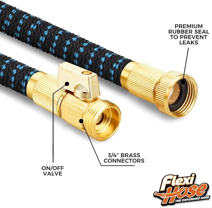 Flexi Hose with 8 Function Nozzle, 50FT - Lightweight Expandable Garden Hose, No-Kink Flexibility, 3/4 Inch Solid Brass Fittings and Double Latex Core