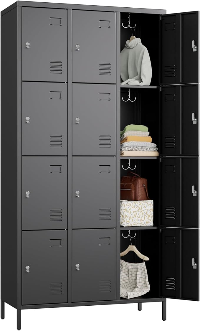 12 Doors Metal Lockers for Employees with 12 Hooks, Storage Locker with Business Card Holder for Office Gym School Bedroom, Assembly Required, Black