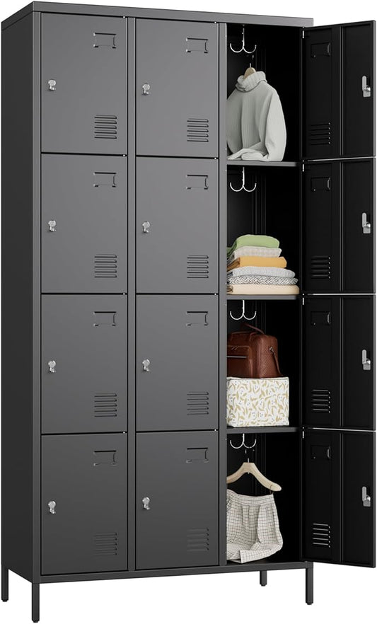 12 Doors Metal Lockers for Employees with 12 Hooks, Storage Locker with Business Card Holder for Office Gym School Bedroom, Assembly Required, Black