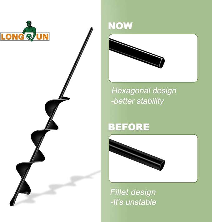 LONGRUN Auger Drill Bit for Planting, Garden Spiral Hole Drill for 3/8” Hex Drive Augers, Solid Shaft Hole Digger Easy Rapid Planter for Planting Trees, Bulbs, Seedlings-2.4"x22.84"