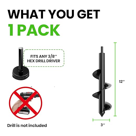 K-Brands Auger Drill Bit for Planting – 3 x 12 Inch - Gardening Tools Spiral Hole and Bulb Planter for Umbrella Holes - Compatible with 3/8 Inch Hex Drive