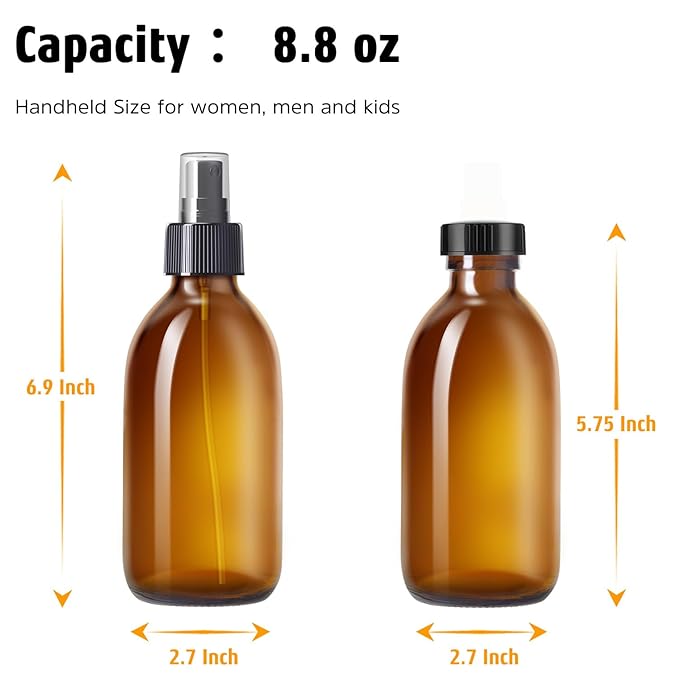 Tecohouse Amber Glass Spray Bottles 8.8 oz, 2 Pack Empty Spray Bottle for Essential Oils, Small Glass Bottles for Cleaning Solutions, Plants, Hair with Durable Nozzle, Labels, Funnel
