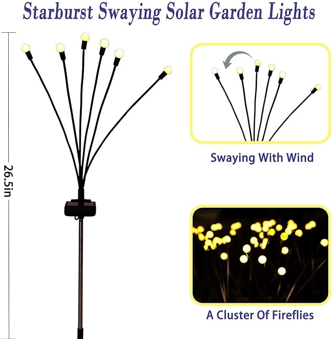 Solar Garden Lights Outdoor, 4 Pack Firefly Swaying Lights, Waterproof Garden Decor for Yard Patio Pathway Lawn, Gardening Gifts for Women Christmas Decoration