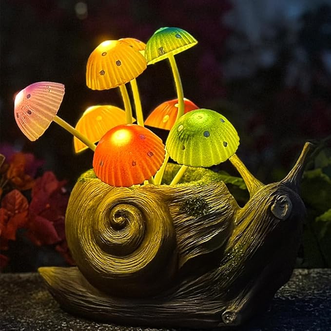 1 Pack Solar Garden Mushroom Snail Statue Gift, Solar Outdoor Sculpture Outdoor Patio Art, Porch Deck Balcony Front Garden Decoration, Unique House Warming Gift