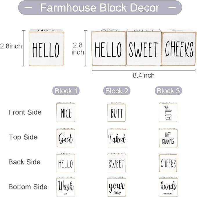 Funny Farmhouse Bathroom Decor and Accessories for Shelf, 4-Sided Wooden Blocks - Nice Butt&Get Naked&Hello Sweet Cheeks&Wash Your Hands Sign, Modern Rustic Restroom Decorations, White 2.8"