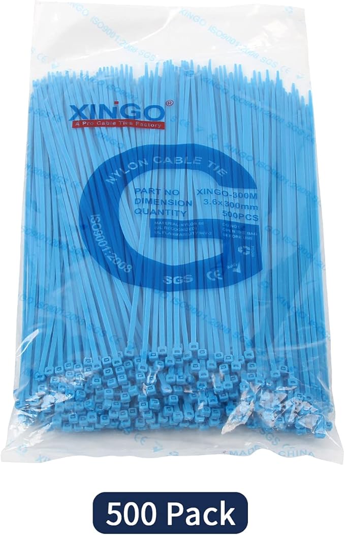 XINGO Nylon Cable Zip Ties Self Locking Plastic Wire Ties with 40 Lbs Tensile Strength for Indoor and Outdoor 12 Inch 500 Pack Blue