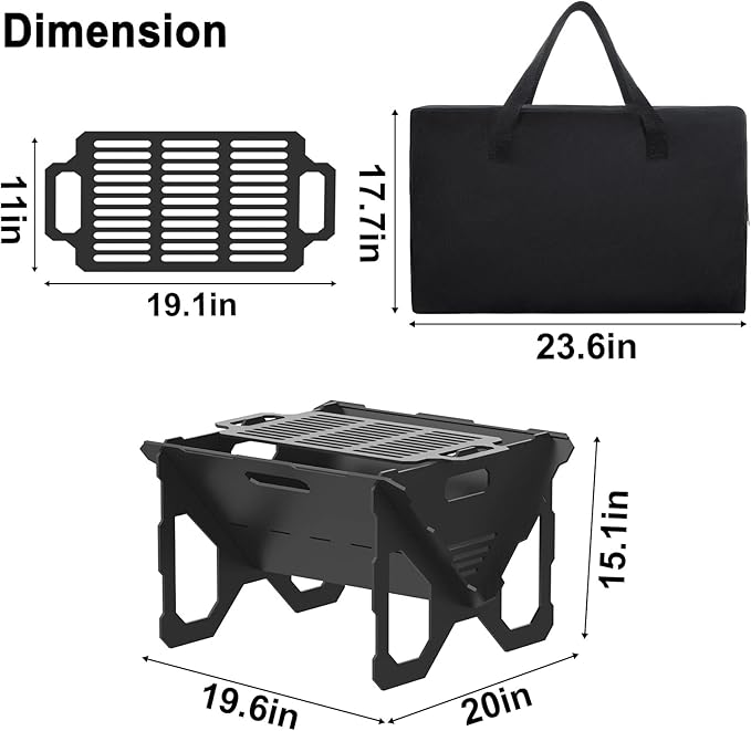 20 inch Fire Pit, Outdoor Portable Firepit with BBQ Tray, Detachable Camping Steel Fire Pits for Backyard, Patio, Picnic, Bonfire, Garden (Black-Large)