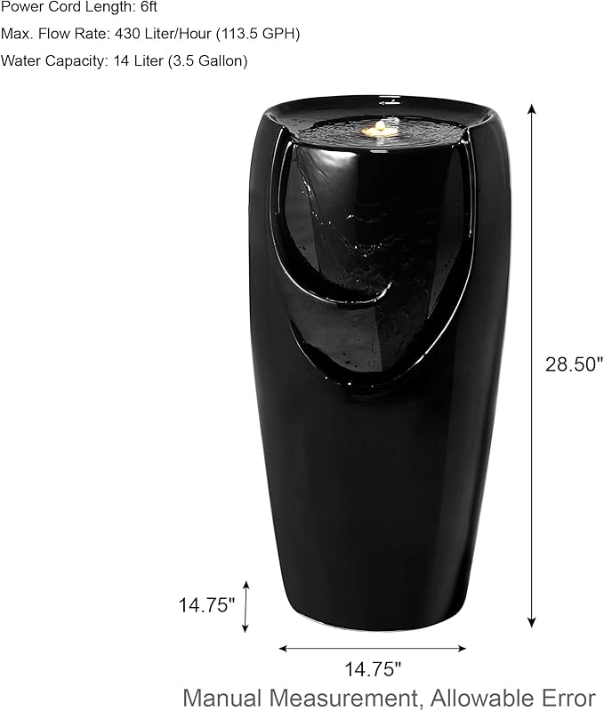 Glitzhome 29.25" H Oversized Ceramic Vase Outdoor Water Fountain Tall Patio Garden Water Fountain with LED Light and Submersible Pump Yard Art Decor, Black, 29.25”H