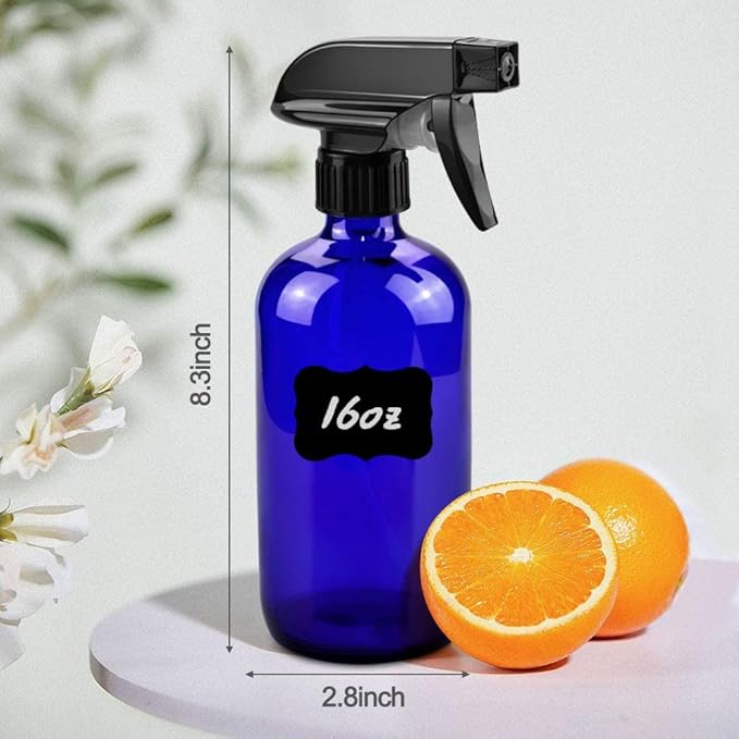 Glass Spray Bottles, 16oz Refillable Containers, Empty Boston Round Bottles with Labels & Adjustable Nozzle for Cleaning, Gardening, Aromatherapy, Pets, Plant, Hair -Blue (2 Pack)