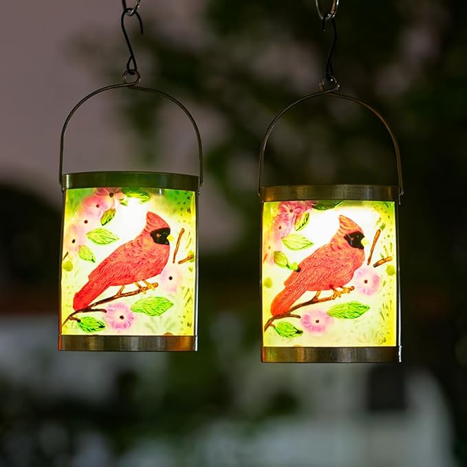 Starsoul 2 Pack Hanging Solar Lantern Outdoor Waterproof Glass Red Cardinal Decorative Solar Lights for Outside Garden Yard Table Patio Decor Cardinal Gifts
