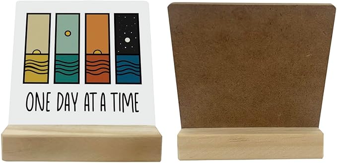 Primitive Wooden Sign, One Day at A Time, Desk Plaque with Wooden Stand 4 x 4.3 inches, Modern Decoration, Farmhouse Table Plaque Signs, Rustic Home Decor Plaque, Inspirational Sign, Uplifting Gift