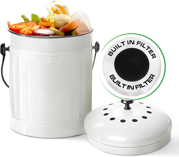 Plexon Countertop Compost Bin Kitchen with Lid, 1.5 Gallon Odorless Kitchen Compost Container, Steel Food Bucket with Charcoal Filter, Pail for Countertop, White