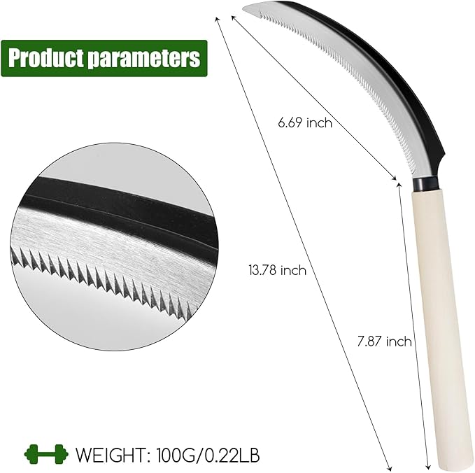 Sod Cutter Japanese Weeding Sickle, Japanese Weeding Tool with Sawtooth, Hand Sickle Weeding Tools for Garden, Hand Hoe Garden Tool, Light Serration, Stainless Steel Blade, Sharp