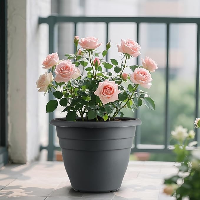 12 Inch Plant Pots, Large Planters for Outdoor Plants, Plastic Flower Pots - Durable and Lightweight with Drainage Holes (3 Packs, Gray)