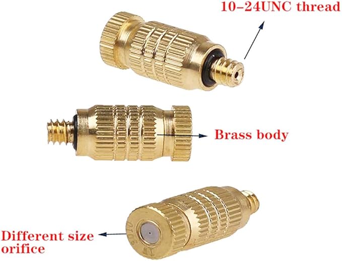 Brass Misting Nozzle, 10 Pack High Pressure Spray 10/24 UNC Outdoor Anti-drip Fogging Spray Head Misting System Tips for Landscaping Outdoor Cooling System (0.012 Orifice)