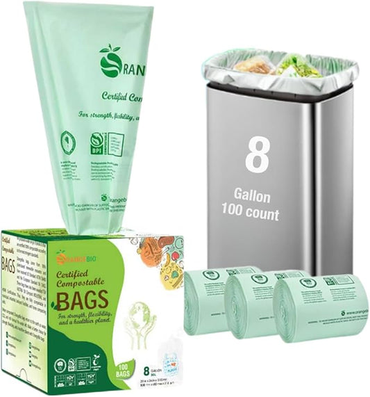 6~8 Gallon Compostable Trash Bags, 100 Count, Plant-Based Garbage Bags for Kitchen, Bathroom, Office & Food Waste – Durable, Leak-Proof, ASTM D6400 & BPI Certified