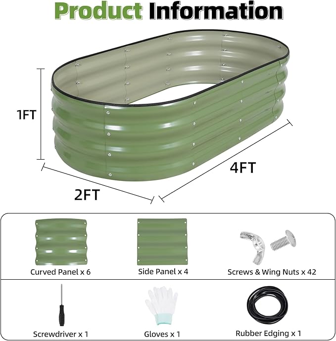 G GOOD GAIN Galvanized Metal Raised Garden Bed Kit - 4x2x1FT Outdoor Planter Box with Safety Edging and Gloves for Vegetables, Fruits, Flowers(White, 2PC)