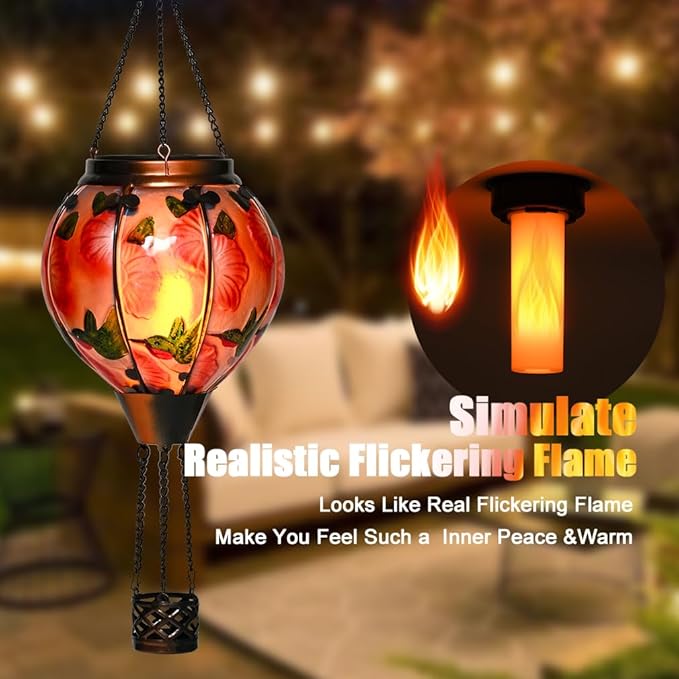 Hot Air Balloon Solar Lantern - Simulated Flickering Flame Hummingbird Glass Lantern, Outdoor Hanging Yard Light Waterproof IP65 & Weather Resistant for Garden Patio Lawn Porch Decor Gfit