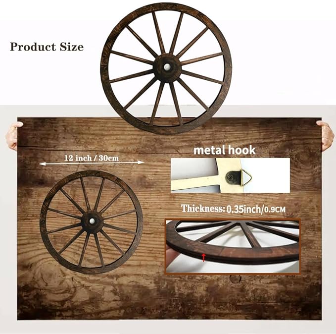 (2 Pieces) 12" Wood Carved Wheel Decor, Western Style Decorative Wagon Wheels for Modern Vintage Home Decor, Suitable for Farmhouse, Living Room, Bookcase, Bar, Garage, Coffee Shop, Studio Decor