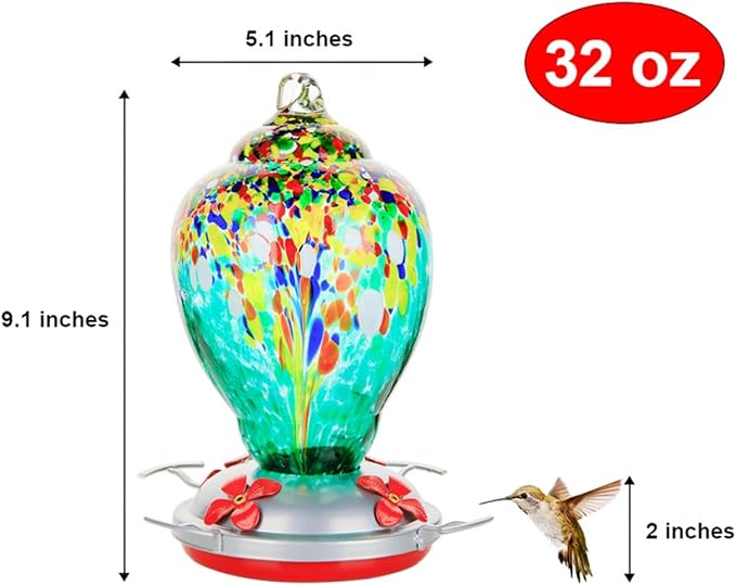 WOSIBO Hummingbird Feeder for Outdoors Patio Large 32 Ounces Colorful Hand Blown Glass Hummingbird Feeder with Ant Moat Hanging Hook, Rope, Brush and Service Card (Green)