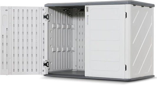 Macrout 25 Cu.Ft Small Plastic Outdoor Storage Cabinet with Floor, 4.3 x 2.5 ft Waterproof Resin Outdoor Storage Shed, Lockable Horizontal Shed for Garden and Patio