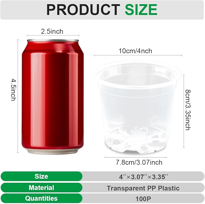100 Pack 4 Inch Clear Plant pots with Drainage Holes, Transparent Nursery Seeding Pots, Flexile Seeds Starter Pots, Seeds Germination (4Inch,100P,Clear)