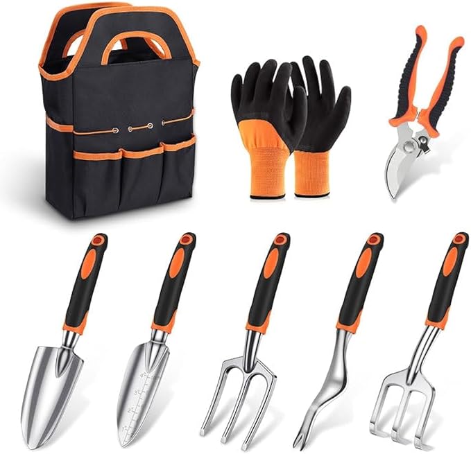 sungwoo Garden Tool Set 8 Piece, Heavy Duty and Lightweight Aluminium Alloy Tools with Non-Slip Ergonomic Handle, Storage Tote Bag, Gardening Hand Tools, for Women and Men Orange