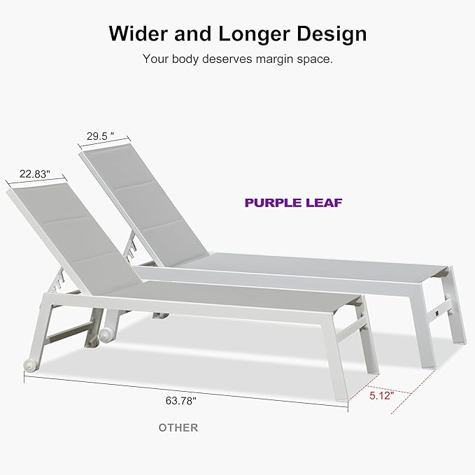 PURPLE LEAF Outdoor Chaise Lounge Set Oversize Adjustable Sunbathing Recliner Extra Wide Lounge Chairs with Side Table for Poolside Beach Outside Patio Aluminum Chaise Lounger Cream