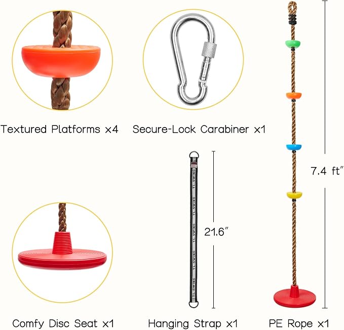 DECORLIFE Adjustable Rope Swing for Kids, Climbing Rope Disc Swing with Platforms, Carabiner and Tree Strap, Tree Swing for Outdoor, Swing Set Playground Accessories, Red