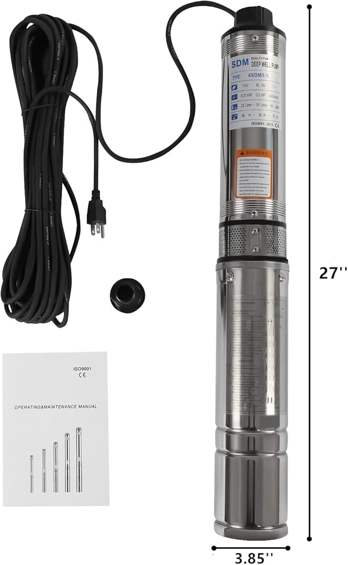 Deep Well Submersible Pump 110V 370W Electric Solar Powered Water Pump, 16 GPM Flow, 157ft Lift, Farm Ranch Irrigation Submersible Bore Hole Deep Well Pump 3420 RPM