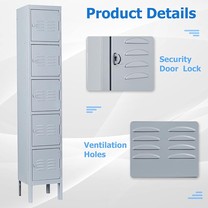 Letaya Metal Lockers, 5 Doors -66" Tall Steel Storage Cabinets Lockable for Employees, School,Gym, Home,Office,Mudroom,Industrial Lockers (Gray)