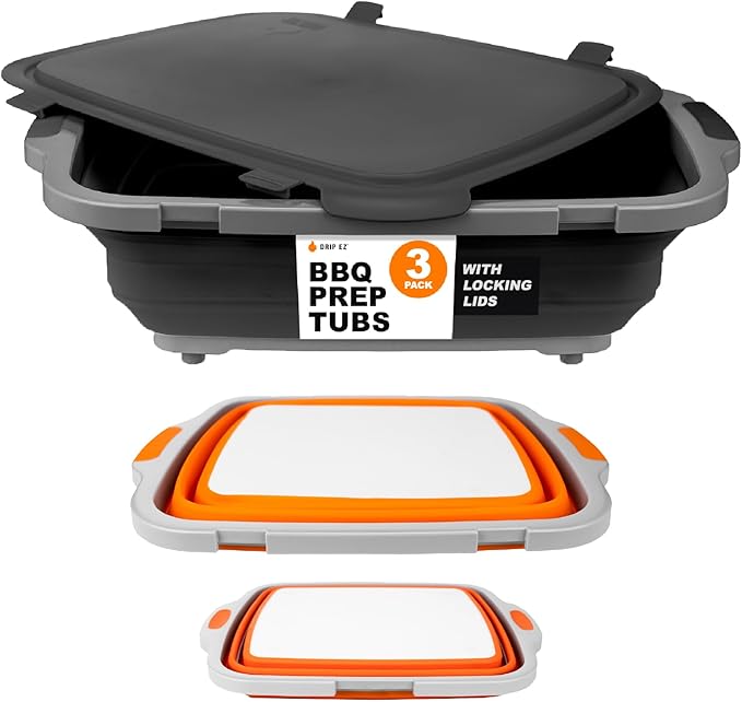 Drip EZ Collapsible BBQ Prep Tubs 3-Piece Set- For Meal Prep Marinating Food Storage - Includes Cutting Board & Lid - (1) JR - Orange + (1) OG - Orange + (1) XL - Black