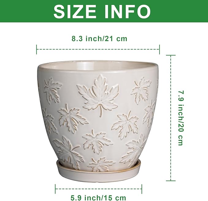 Ceramic Pots for Plants - 8 Inch Plant Pot with Drainage Hole and Saucer Large Planter Pot for Indoor Plants Outdoor Modern Flower Pot Home Decor White