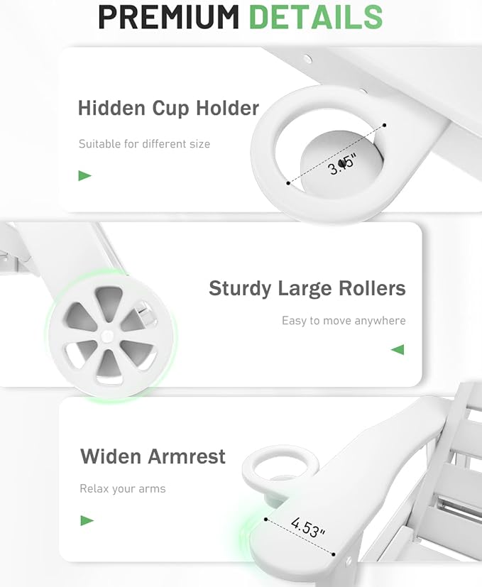 Lounge Chair Outdoor, Chaise Lounge Outdoor, HDPE 6-Position Lounge Chair for Outside, Patio Lounge Chair with Wheels & Cup Holder for Pool Poolside Deck Backyard, White