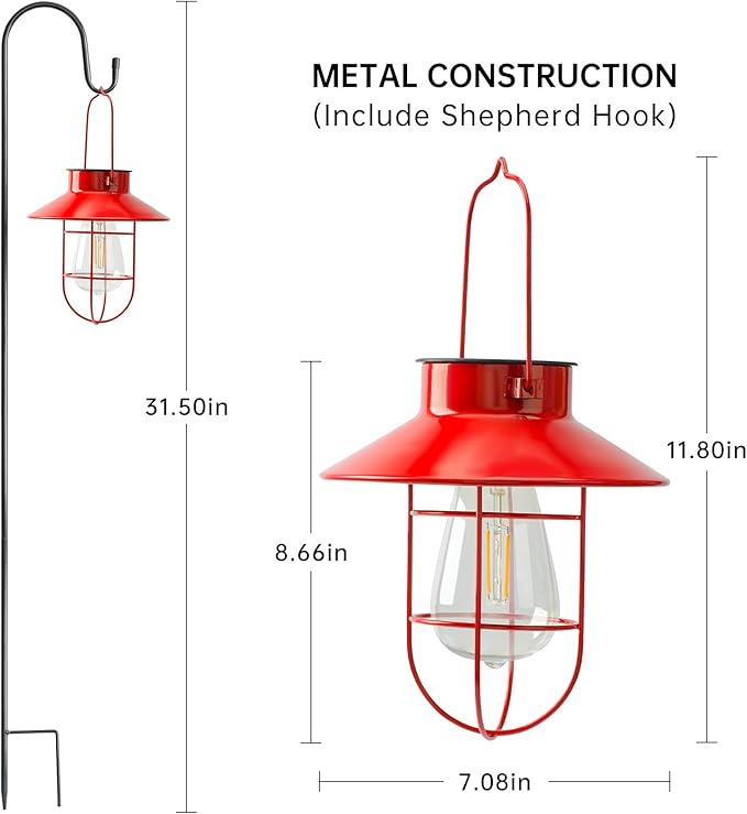 Solar Lights Lantern Lamp with Shepherd Hook, Solar Metal Lanterns, Outdoor Lights Decor,Edison Bulb Lights for Garden ,Outside Decor for Pathways,Patio, Lawn, or Landscaping(Red)