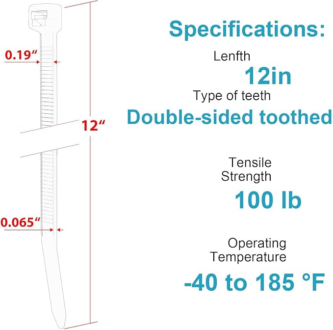 12 Inch Zip Ties Double Sided Toothed,100 LBS Tensile Strength Heavy Duty Cable Wire Ties With Self-Locking Adjustable More Durable Nylon Tie Wraps for Indoor Outdoor（200 Pack）