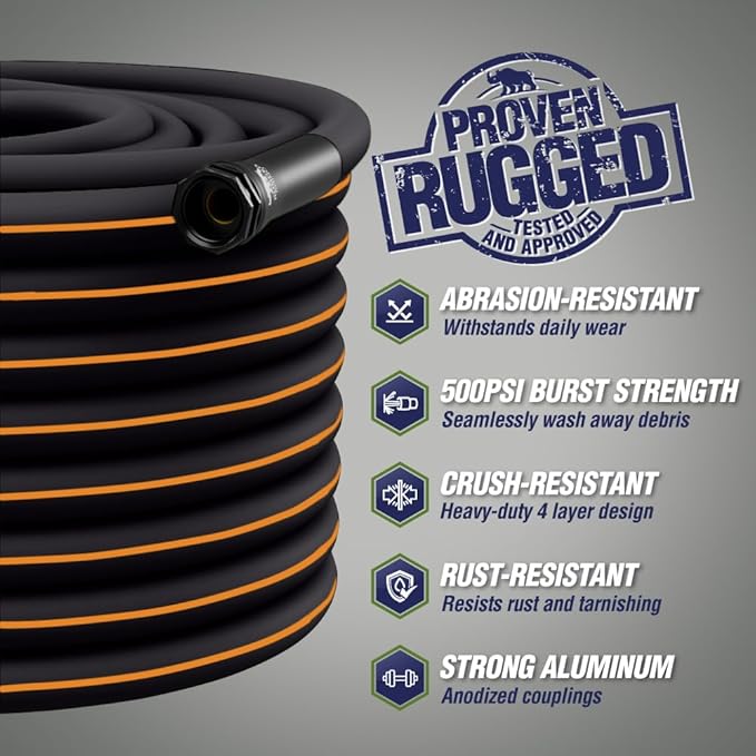 Rugged Rhino Heavy Duty Flexible Light Weight Garden Hose, 25ft x 5/8in, 4 Layer Leakproof Outdoor Gardening Tools, Watering Supplies, Powerful Water Pressure for Lawn, Flowers, Black Orange